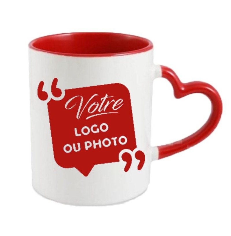 Mug blanc et rouge personnalisé – Anse cœur personnalisé Tunisie | Photo, logo ou texte en céramique