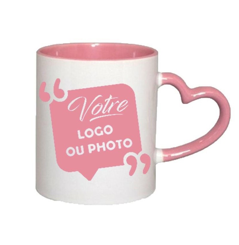 Mug blanc et rose personnalisé – Anse cœur personnalisé Tunisie | Photo, logo ou texte en céramique