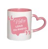 Mug blanc et rose personnalisé – Anse cœur personnalisé Tunisie | Photo, logo ou texte en céramique
