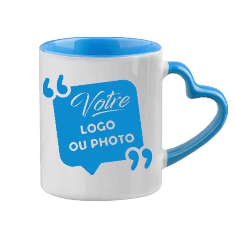 Mug blanc et bleu personnalisé – Anse cœur personnalisé Tunisie | Photo, logo ou texte en céramique